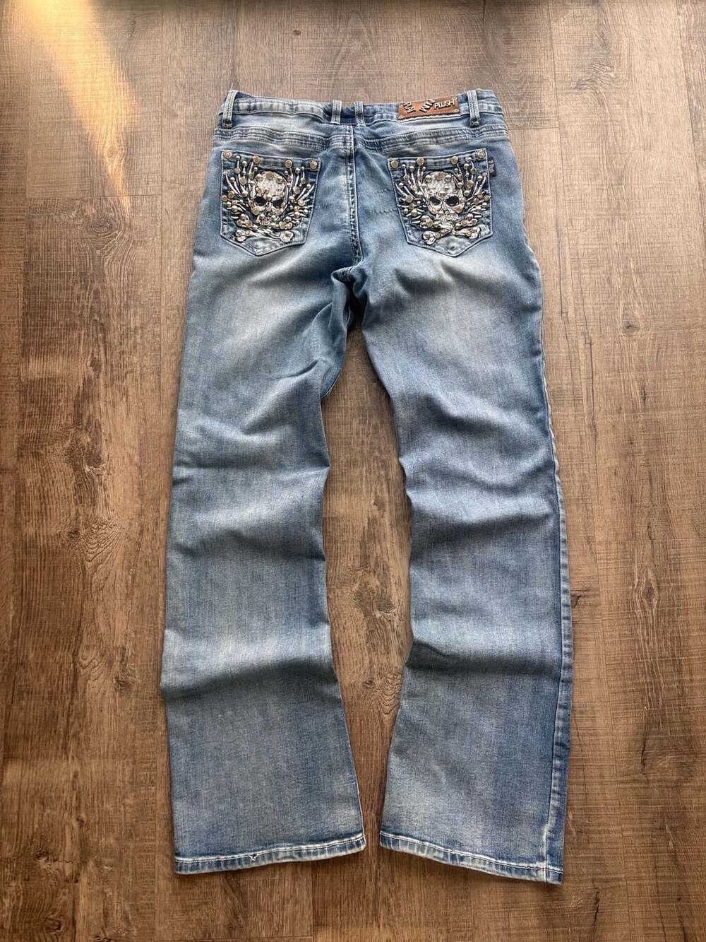 Platinum Plush Rhinestone Skull and Bone Design Boot Cut Denim Jeans Size 9